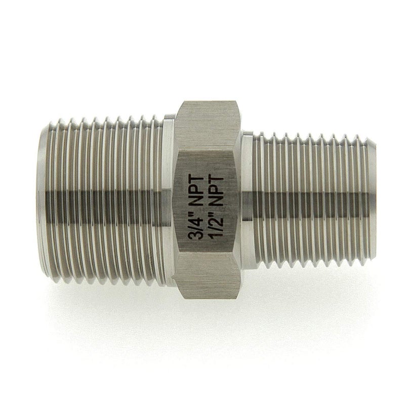 AdaptorMount 3/4" NPT Male x 1/2" NPT Male, Stainless Steel 316-L Reducer Hex Nipple Connector, Reducing Pipe Fitting Adapter - Image 1